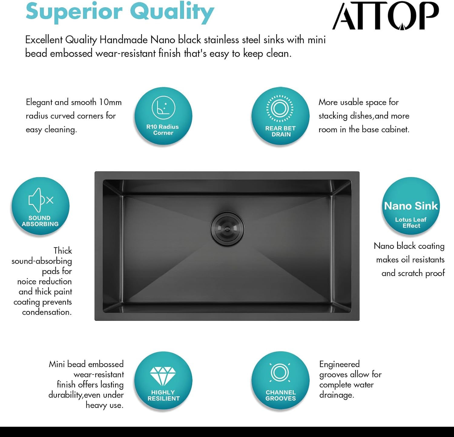 ATTOP 32 Inch Black Large Single Bowl Undermount Kitchen Sink,32x18 Inch Nano Black Stainless Steel Handmade Undermount Single Bowl Kitchen Sink