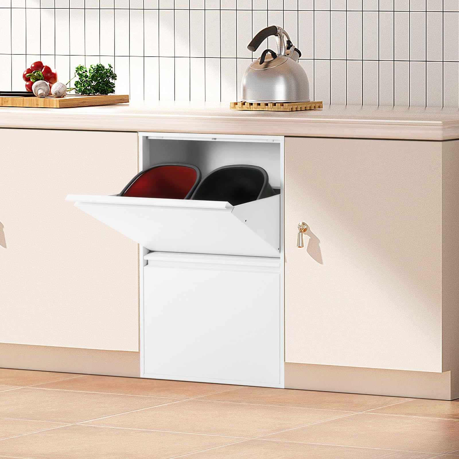 Lot de 4 poubelles de recyclage de 15 l, système de tri sélectif à 4 compartiments, 56 x 24,5 x 91 cm, pour cuisine, bureau, espace commercial (blanc)