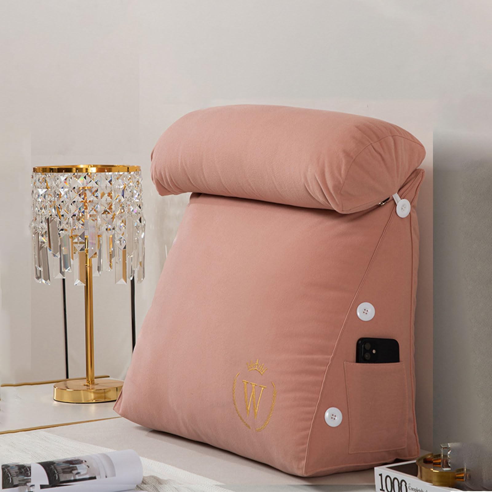 Reading cushions, And Detachable Neck Roll With Shredded Memory Foam,Great As Backrest For Books Or Gaming,Back Support Rests For Sitting Up In Bed Relaxing Ergonomic(Dry Powder,45 x 45 x 22 cm)