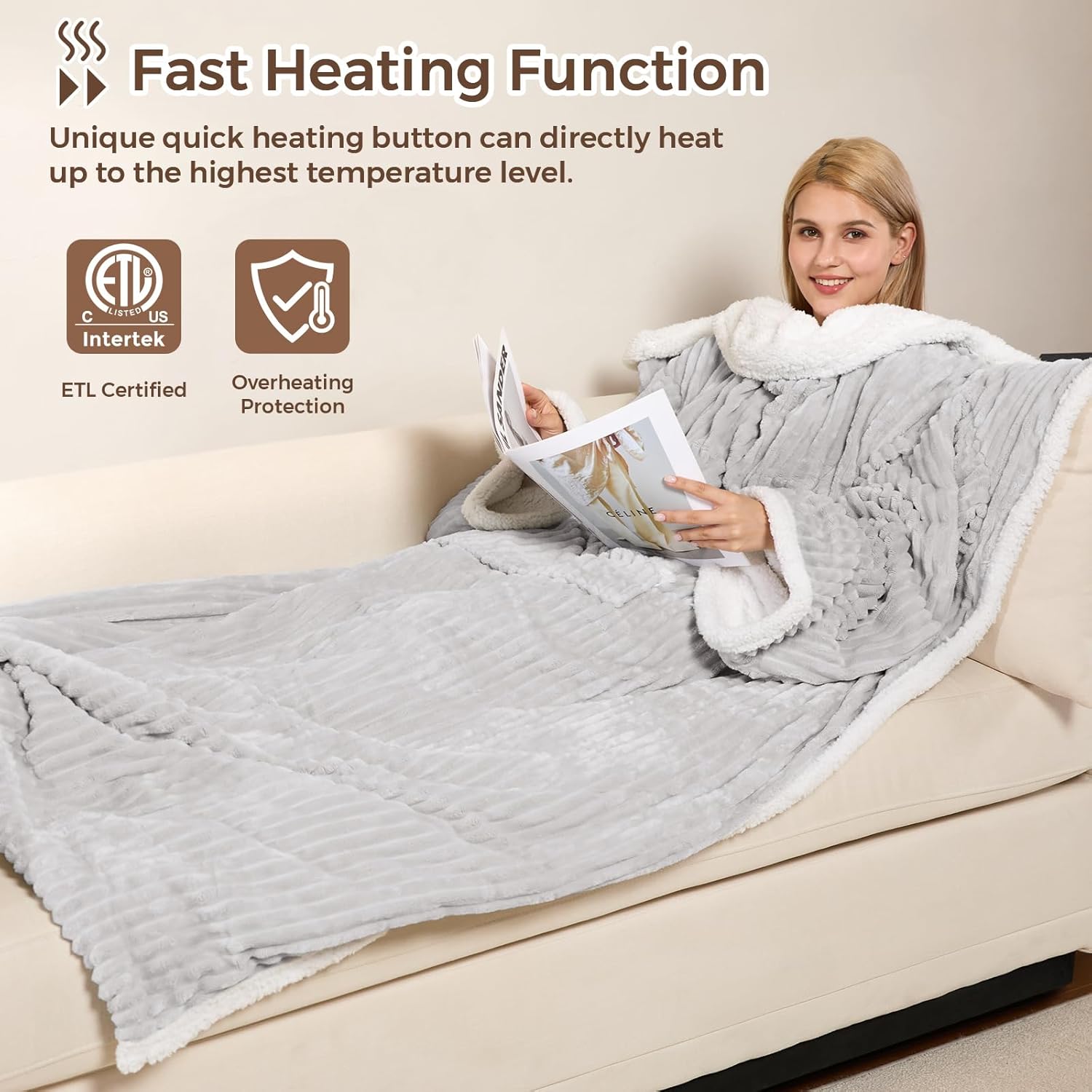 Electric Blanket Heated Throw, Soft Flannel & Sherpa Wearable Heated Blanket with Sleeves, Heating Wearable Blanket with 6 Heating Levels & 12H Auto Off, ETL Certified, Home Office Use 52x72 Inch Grey - Image 7
