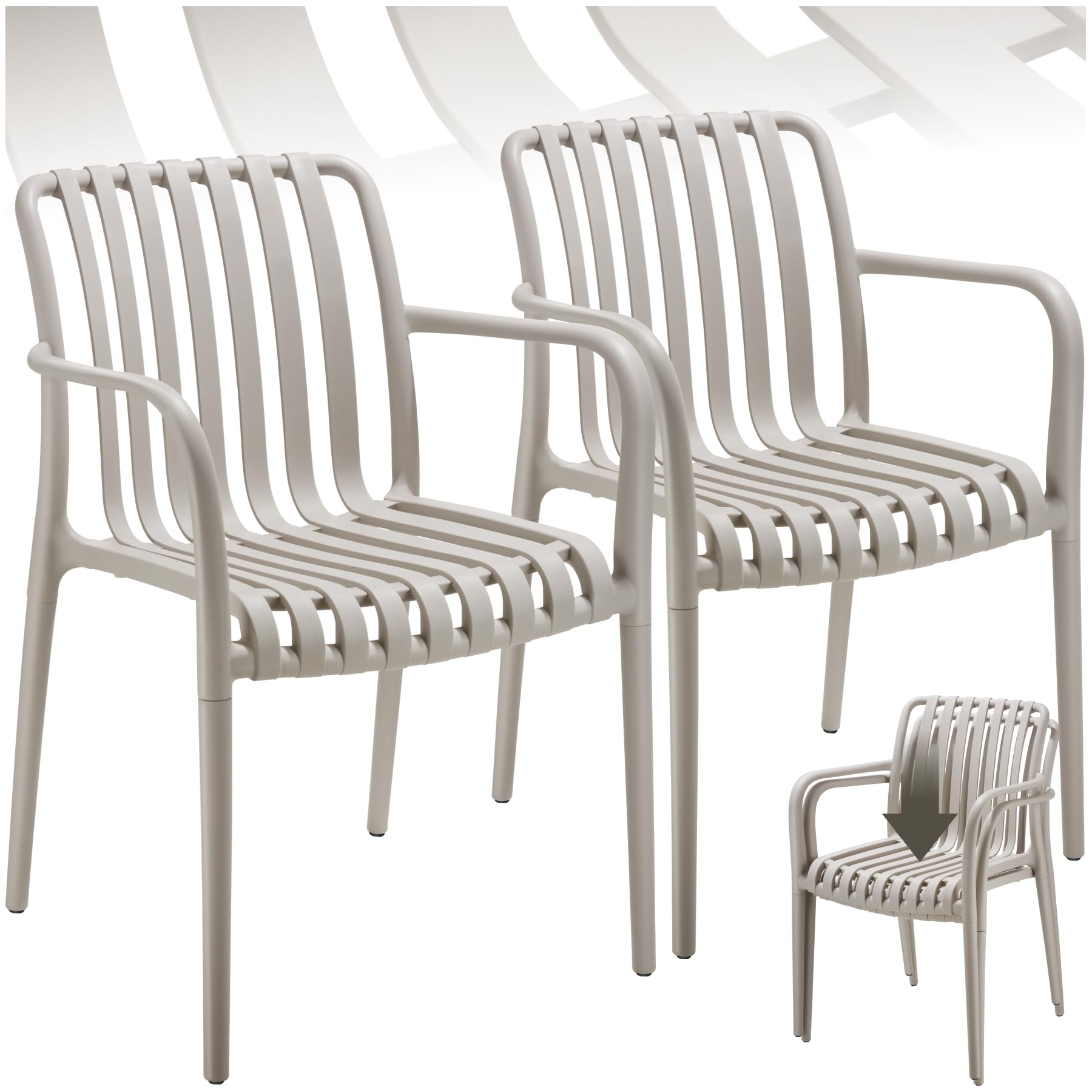 tectake® Set of 2 Garden Chairs in Light, Airy Design, Garden Chair Set in Weather-Resistant Plastic with Slatted, Curved Seat, Stackable Outdoor Armchair Set for Backyard, Patio, Balcony - Taupe
