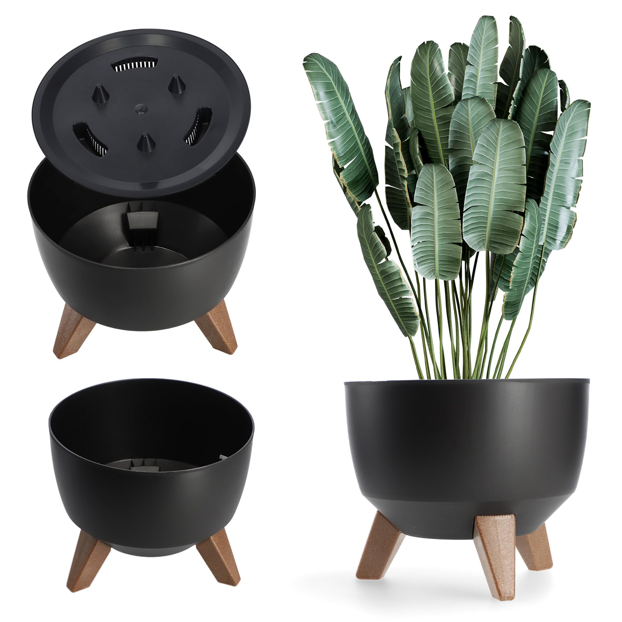KADAX Plastic Flower Pot with Three Stands, Round Flower Bowl, Flower Pot, Flower Pot, Flower Pot, Balcony, Living Room (39.5 cm, Anthracite) — view 14
