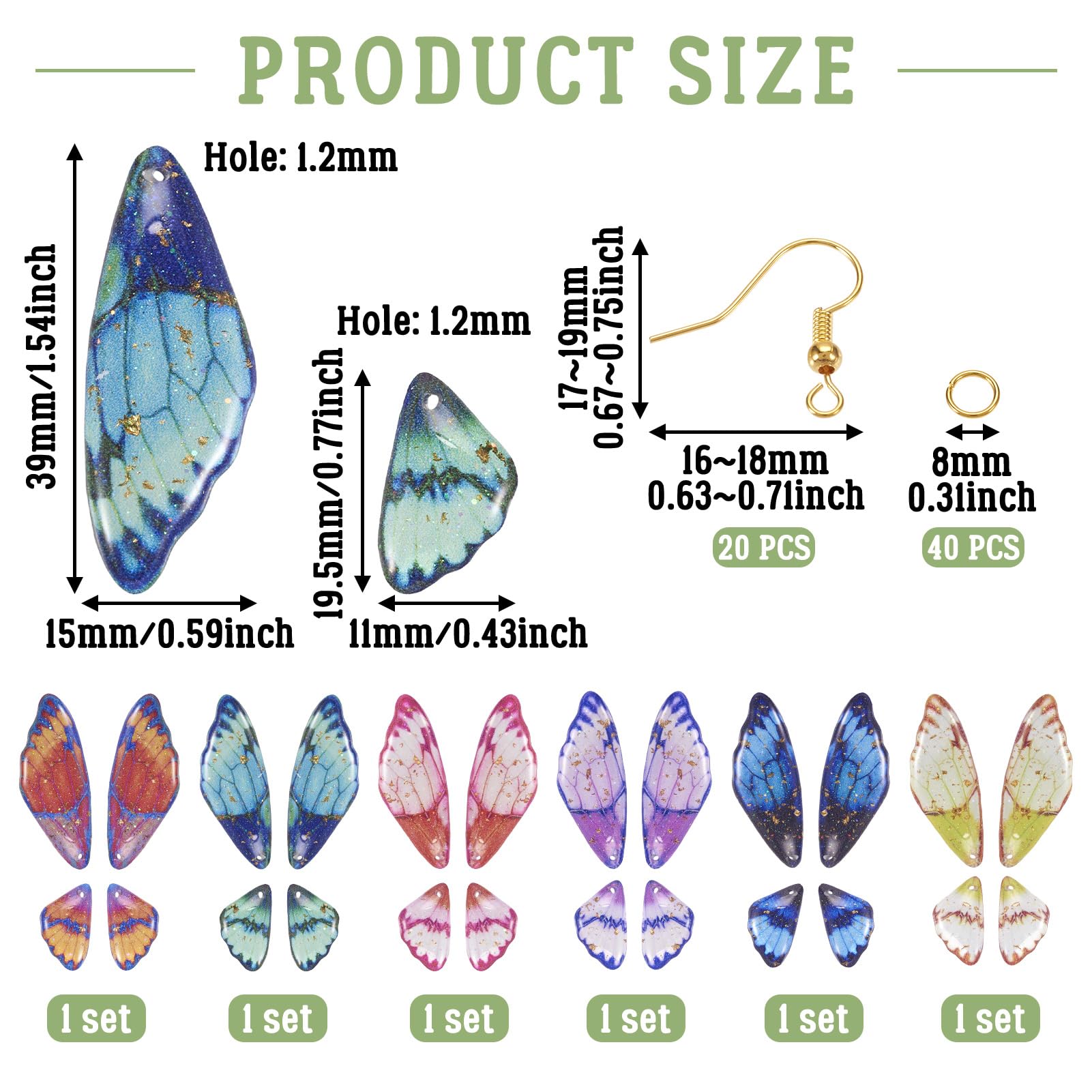 PandaHall 6 Sets Resin Butterfly Wings Pendants, Drop Earring Charms with Jump Rings & Earring Hooks for DIY Jewellery Making - Image 3