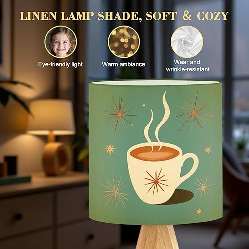 Miniatura 5 de Tripod Table Lamp Mid Century Modern Retro Green Coffee Cup Cafe Sign Art Scandinavian Bedside Lamps Small Lamp Nightstand Lamp with Linen Lampshade