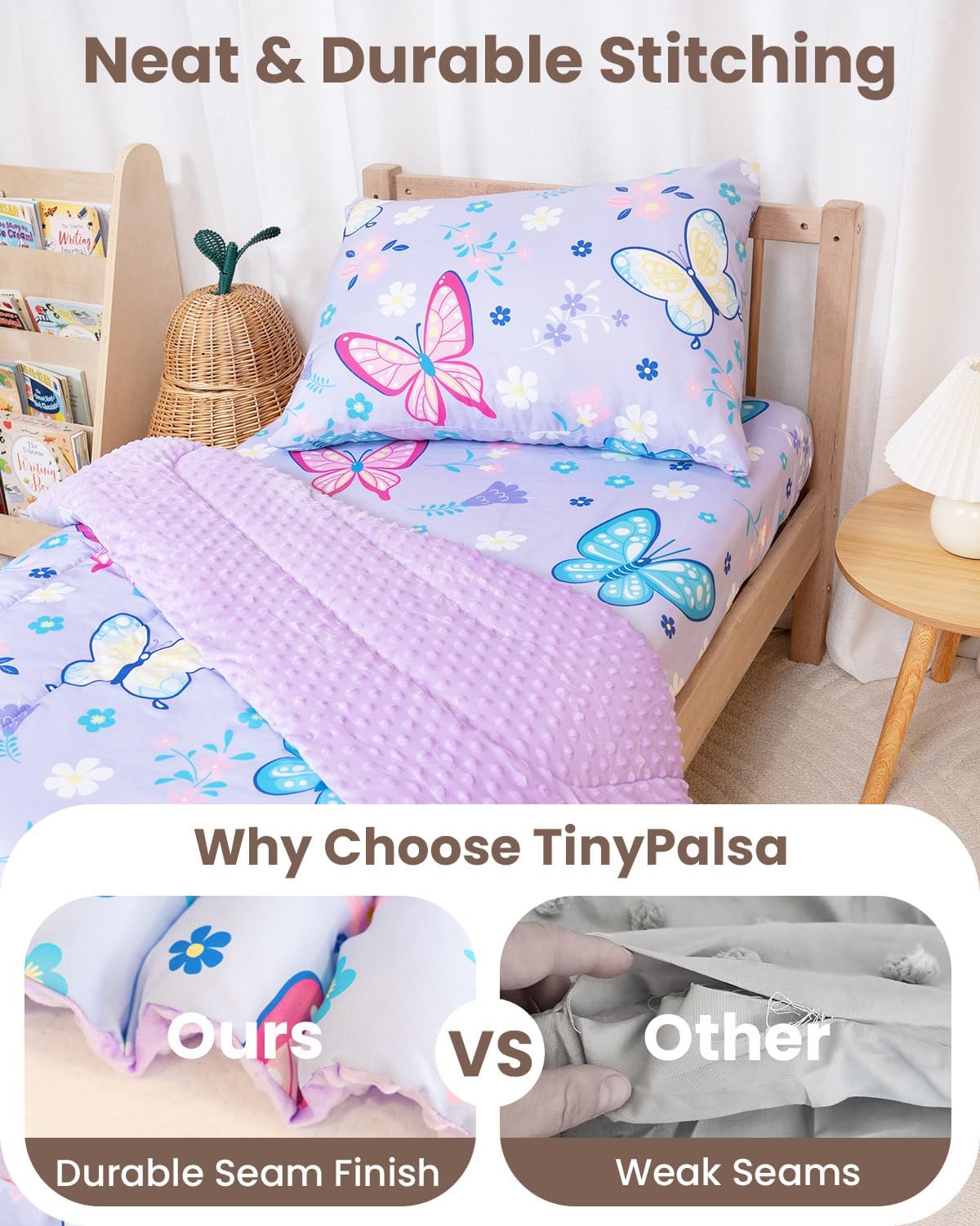 TinyPalsa Butterfly Toddler Bedding Set, 4-Piece Comforter Set for Girls and Boys, Breathable Crib Bedding Includes Ultra-Soft Plush Minky Comforter, Flat and Fitted Sheets, and Reversible Pillowcase