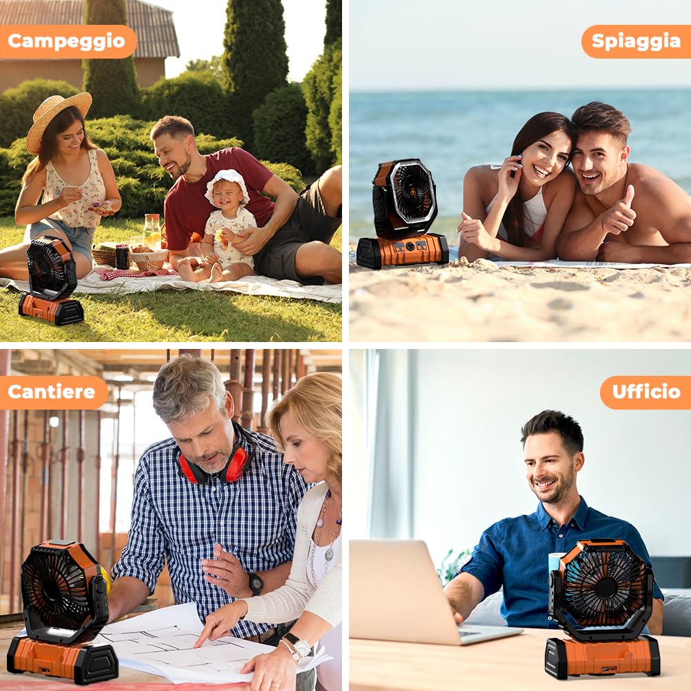 Ventilatore da Campeggio 20000mAh, Ventilatore Portatile Ricaricabile con Luce LED e Telecomando, 4 Velocità Regolabili con Gancio 360° per Tenda, Viaggi