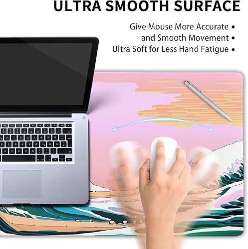 Miniatura 4 de Alfombrilla de mouse rosa para juegos con ondas japonesas, XL Anime Sunset extendida, cubierta de escritorio grande, base de goma antideslizante,