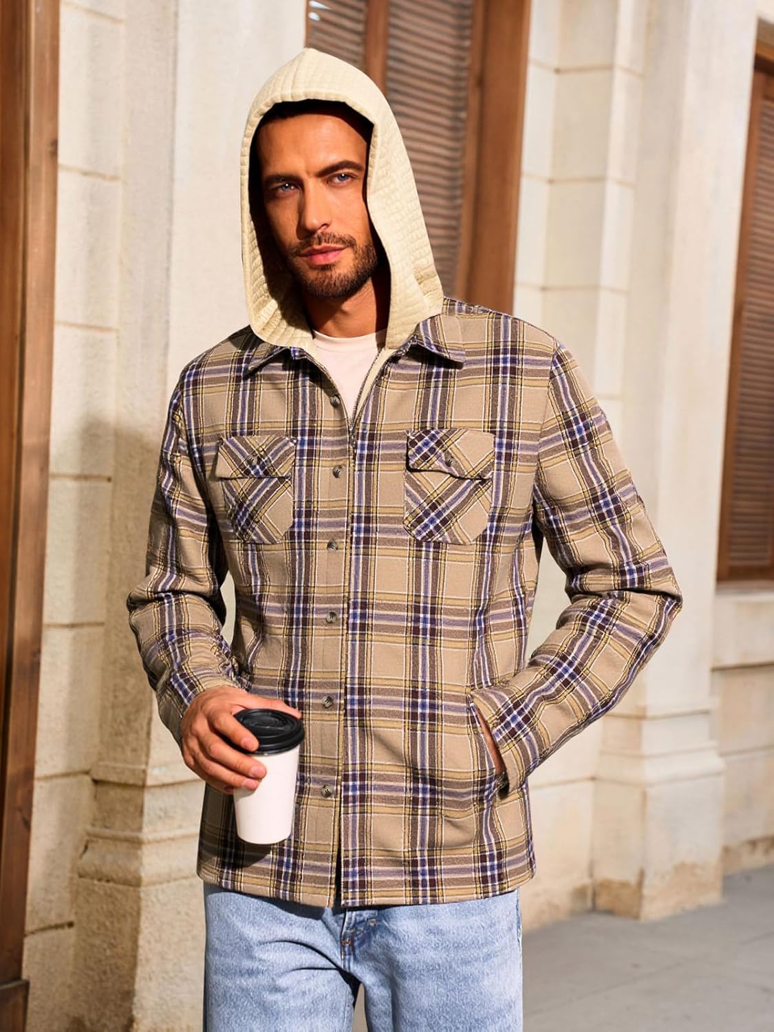 Yousify Mens Sherpa Flannel Shirt Jacket Fleece Lined Hooded Jacket Long Sleeve Button and Zipper Plaid Winter Coat - Image 5