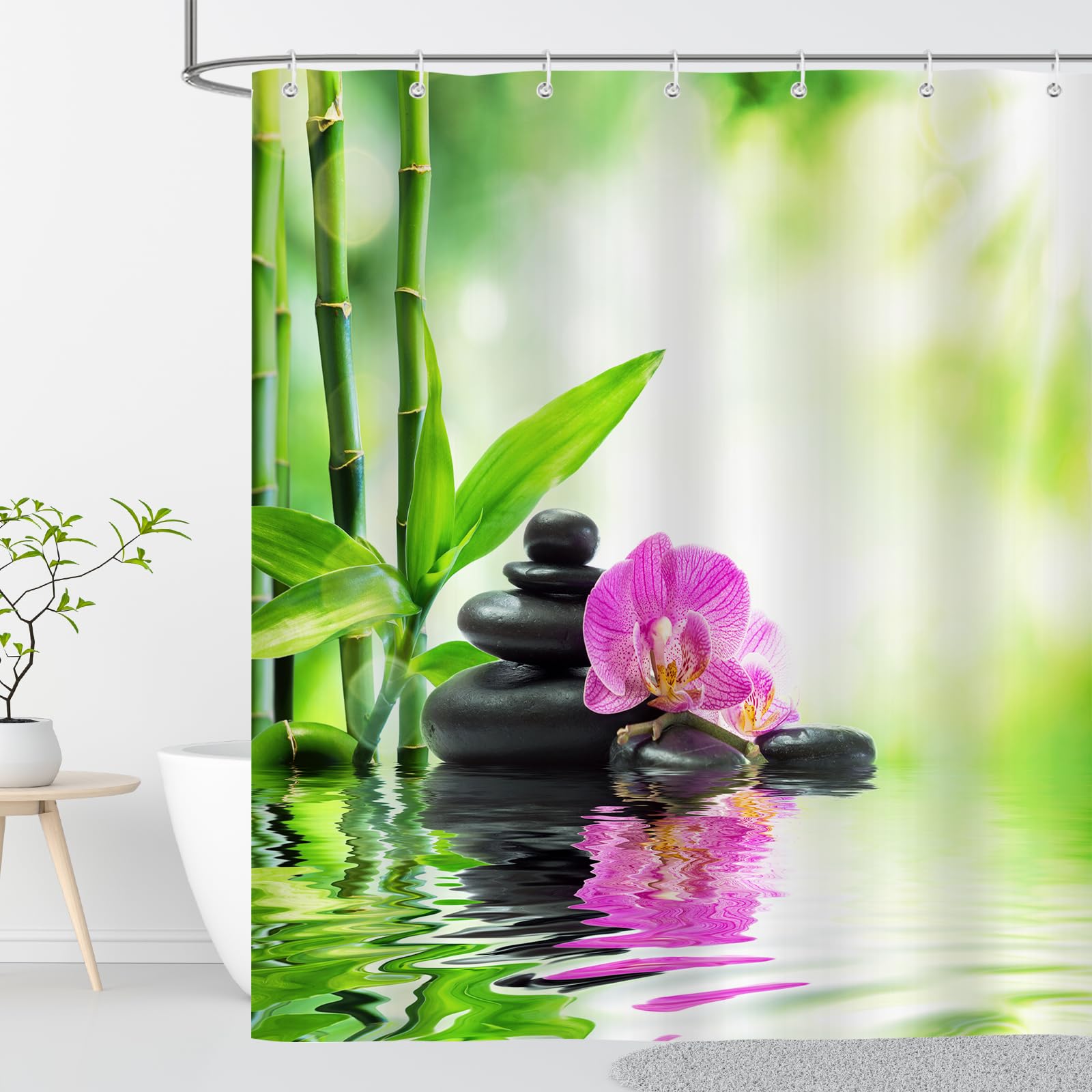 Zen Cortina de Ducha Antimoho para Bañera 200x200 cm Estampada Piedras Bambú Verde Cortina Ducha Tela Impermeable Poliéster Cortinas de Baño con Anillas y Ojales Lavable a Máquina