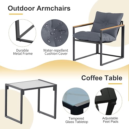 Miniatura 3 de Juego de muebles de patio de 3 piezas, sillas de porche al aire libre, muebles de balcón para apartamento con sillas y mesa, incluye cojines gruesos