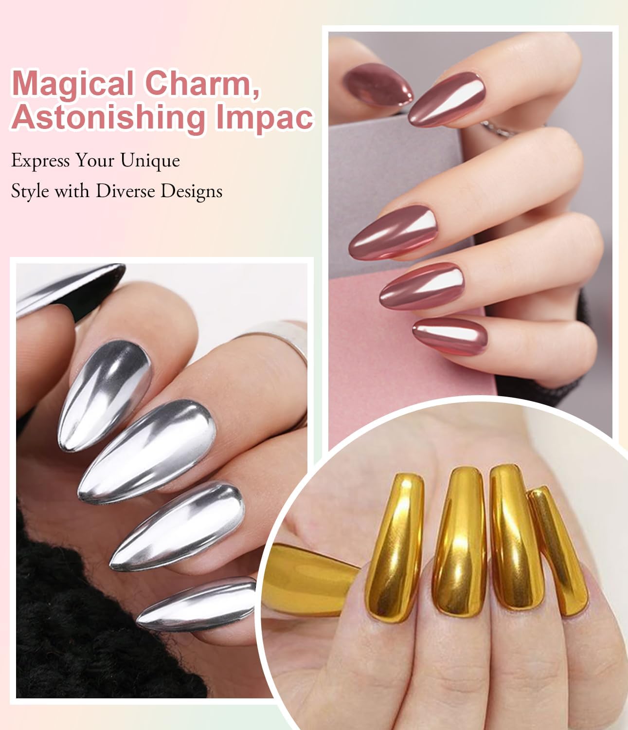 6 chromowanych paznokci w proszku do paznokci, chromowany proszek, metaliczne lustro, holograficzny pigment chromowany, efekt perłowy, puder do manicure i zdobienia paznokci