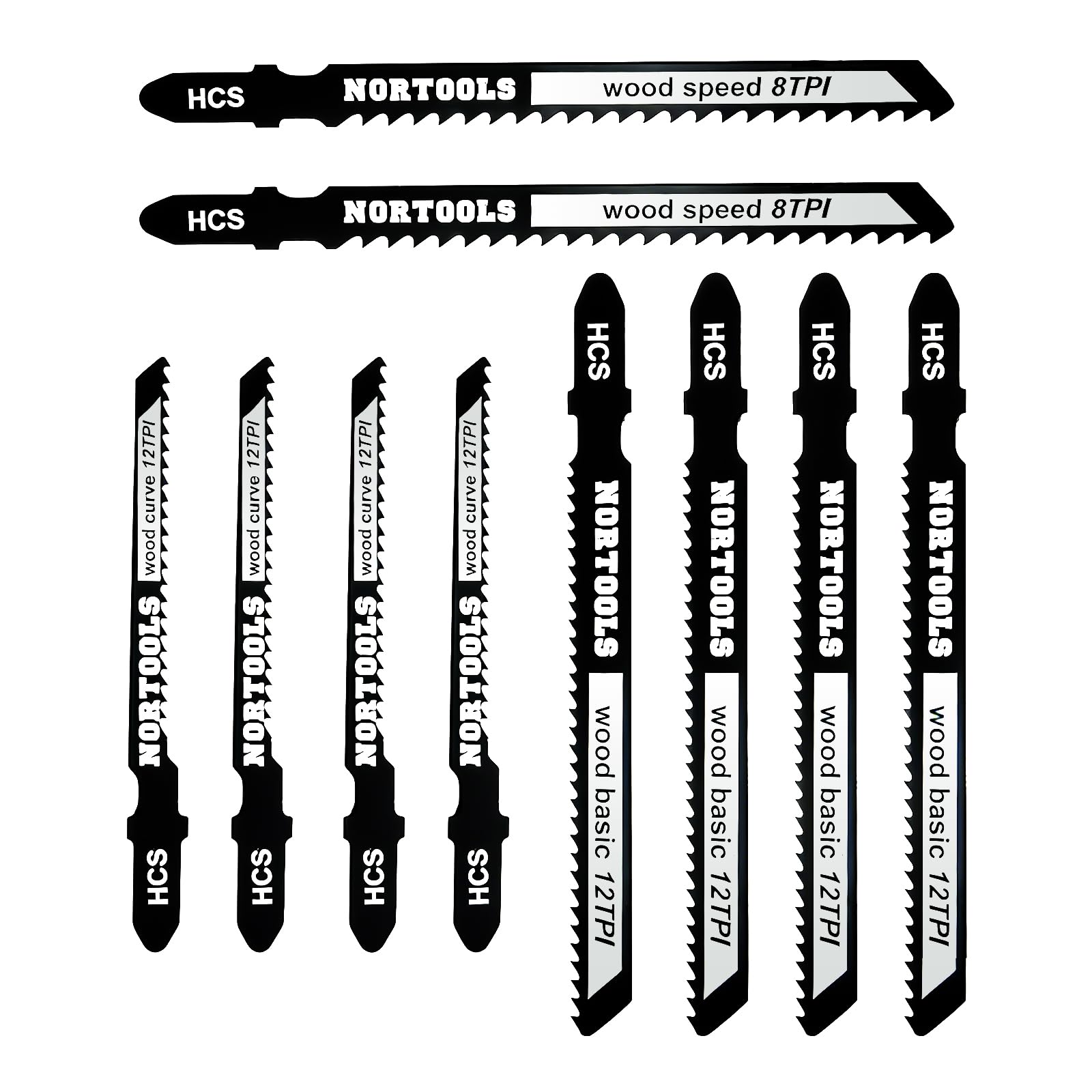 NORTOOLS Stichsägeblatt-Set, 10-teilig T-Schaft HCS sauberer und schneller Holzschnitt, Stichsägeblätter für Weichholz, Sperrholz, Spanplatten, Typen: T119B / T119BO / T111C