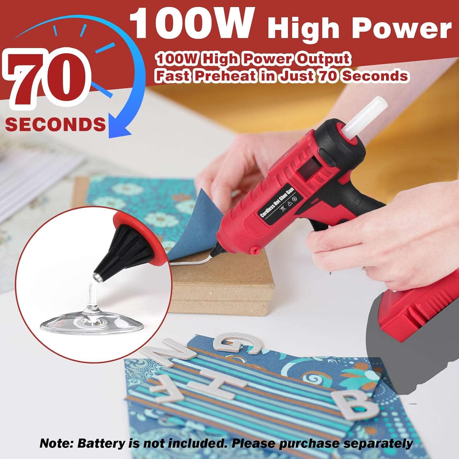 100w Cordless Hot Glue Gun Compatible with Milwaukee 18V Battery, Fast Preheating and Anti-drip Full Size Glue Gun with 20pcs Glue Sticks(11 x 150mm) for Crafts DIY Arts Home Repairs (No Battery)