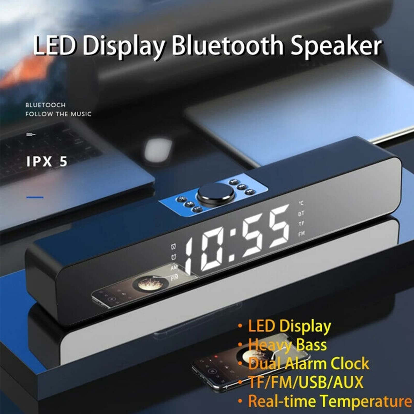 Reloj despertador con barra de sonido con Bluetooth, radio FM, subwoofer inalámbrico, pantalla LED para cine en casa y TV
