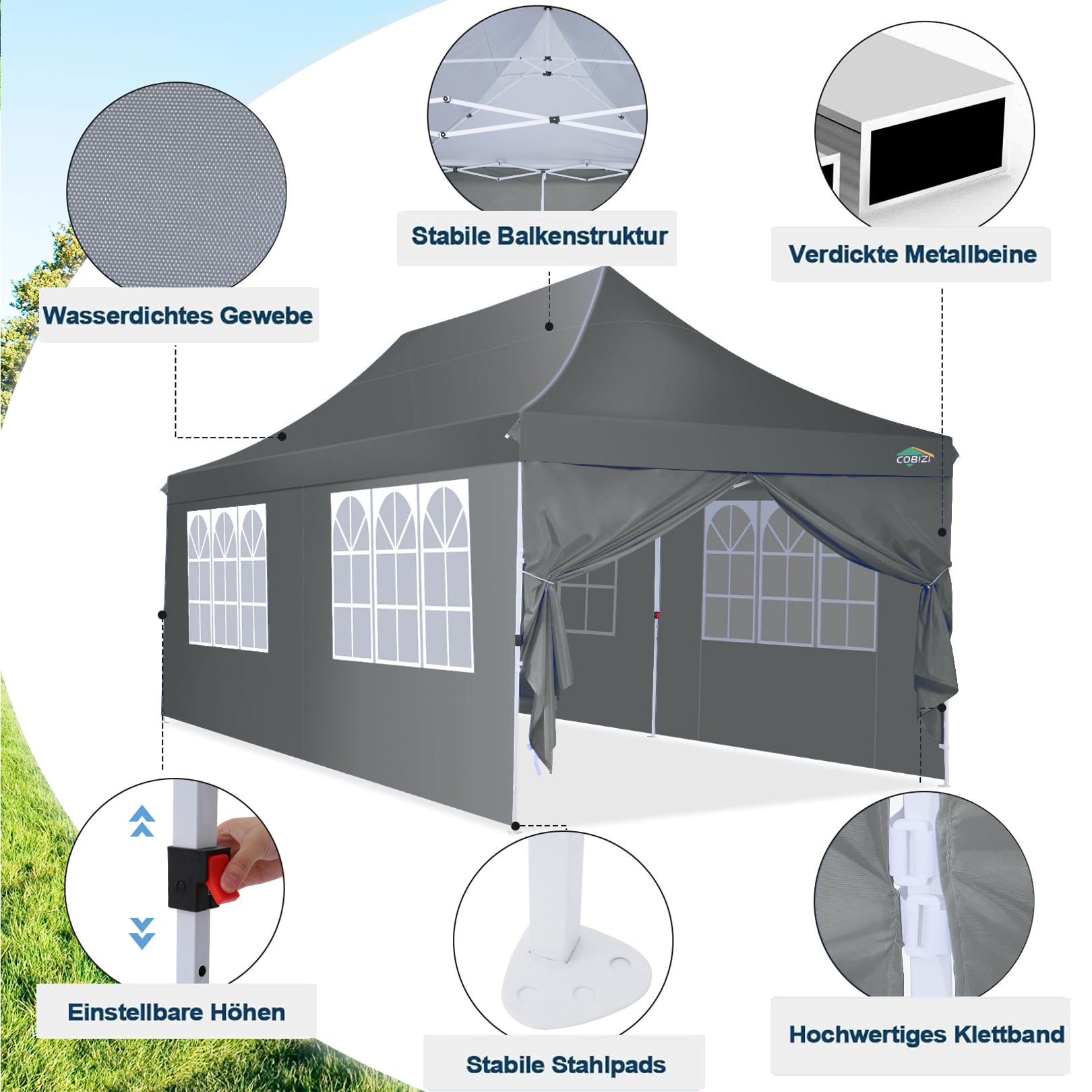 COBIZI Faltpavillon 3X6m Wasserdicht Stabil Pavillon 3x6m, Partyzelt Faltbar Anti-UV mit 6 Seitenwänden, Gartenpavillon für Hochzeiten, Freien, Garten | 3 Höhen, Sandsäcke, Upgrade-Hochdach und Tragetasche, Gartenpavillon Partyzelt für Garten, Party, Fest
