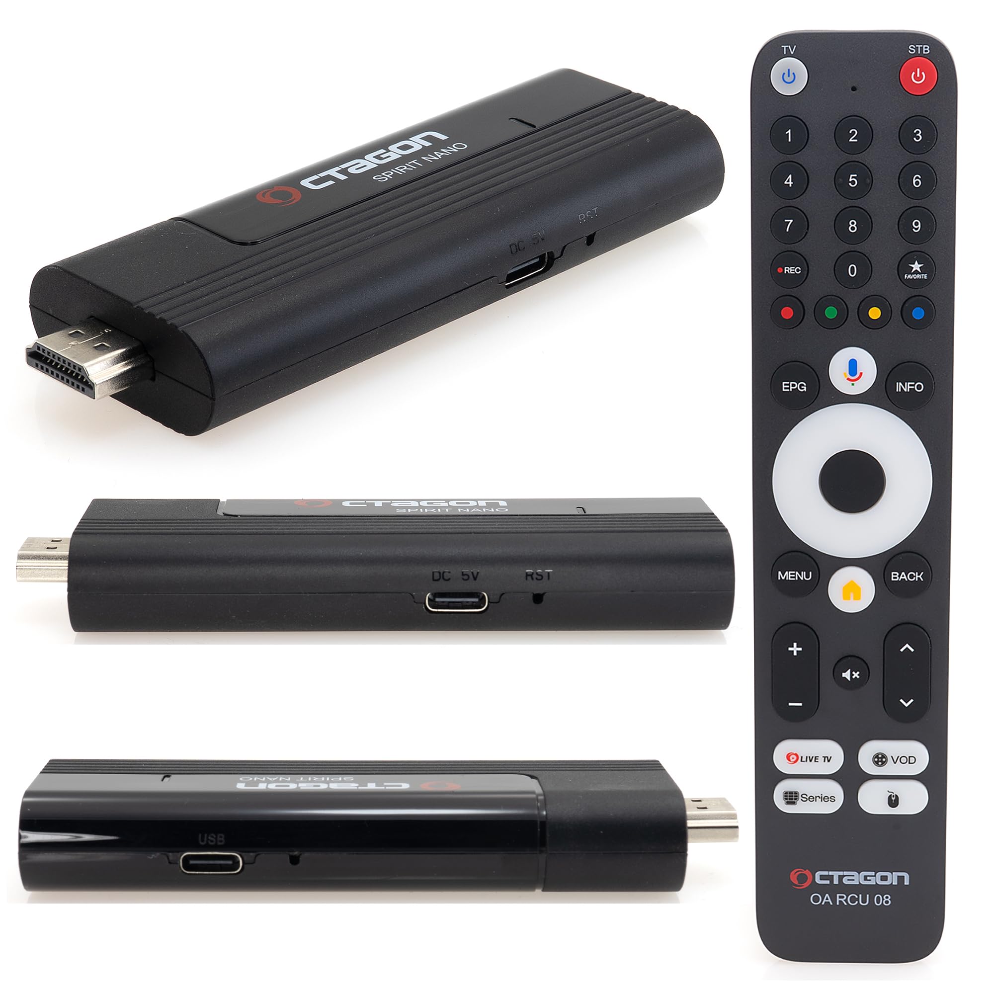 OCTAGON Spirit Nano 4K UHD Android TV Stick, HDR10+, 2 GB RAM, 32 GB, Bluetooth Remote, Wi-Fi IP Receiver