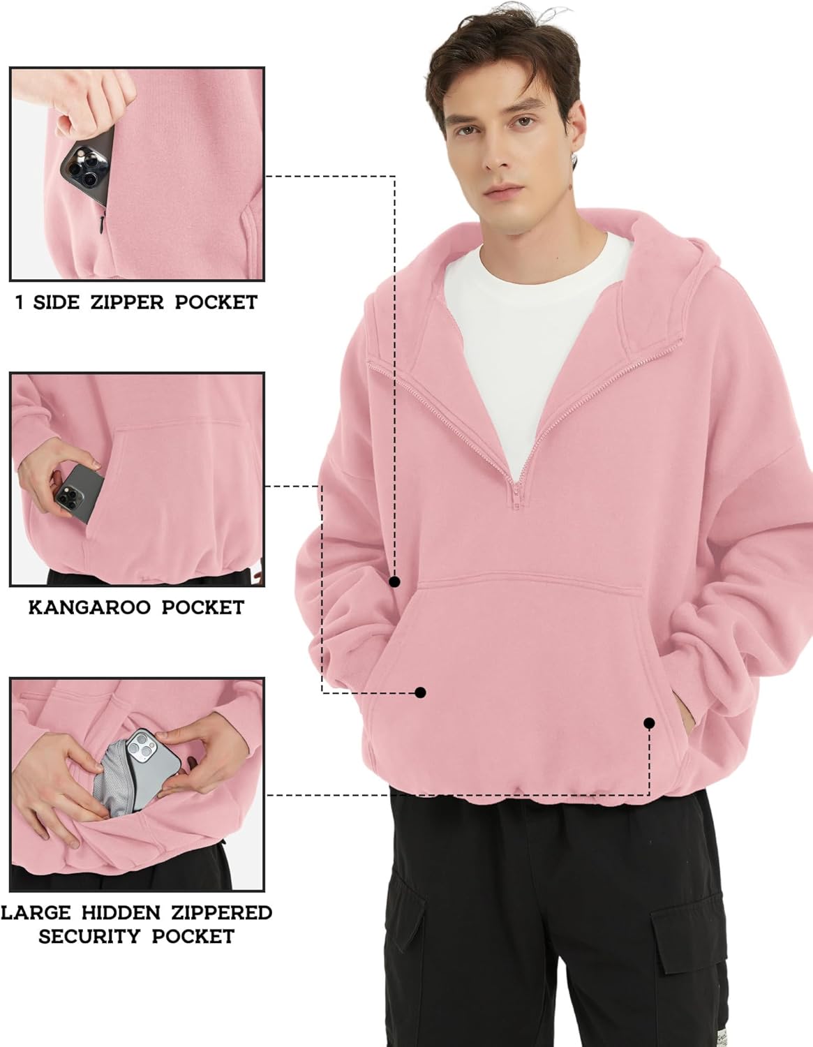 FAIABLE Mens Hoodies Half Zip Up Oversized Sweatshirts Fleece Cotton Quarter Zip Hoodie Pullover Fall Winter Outfit - Image 4