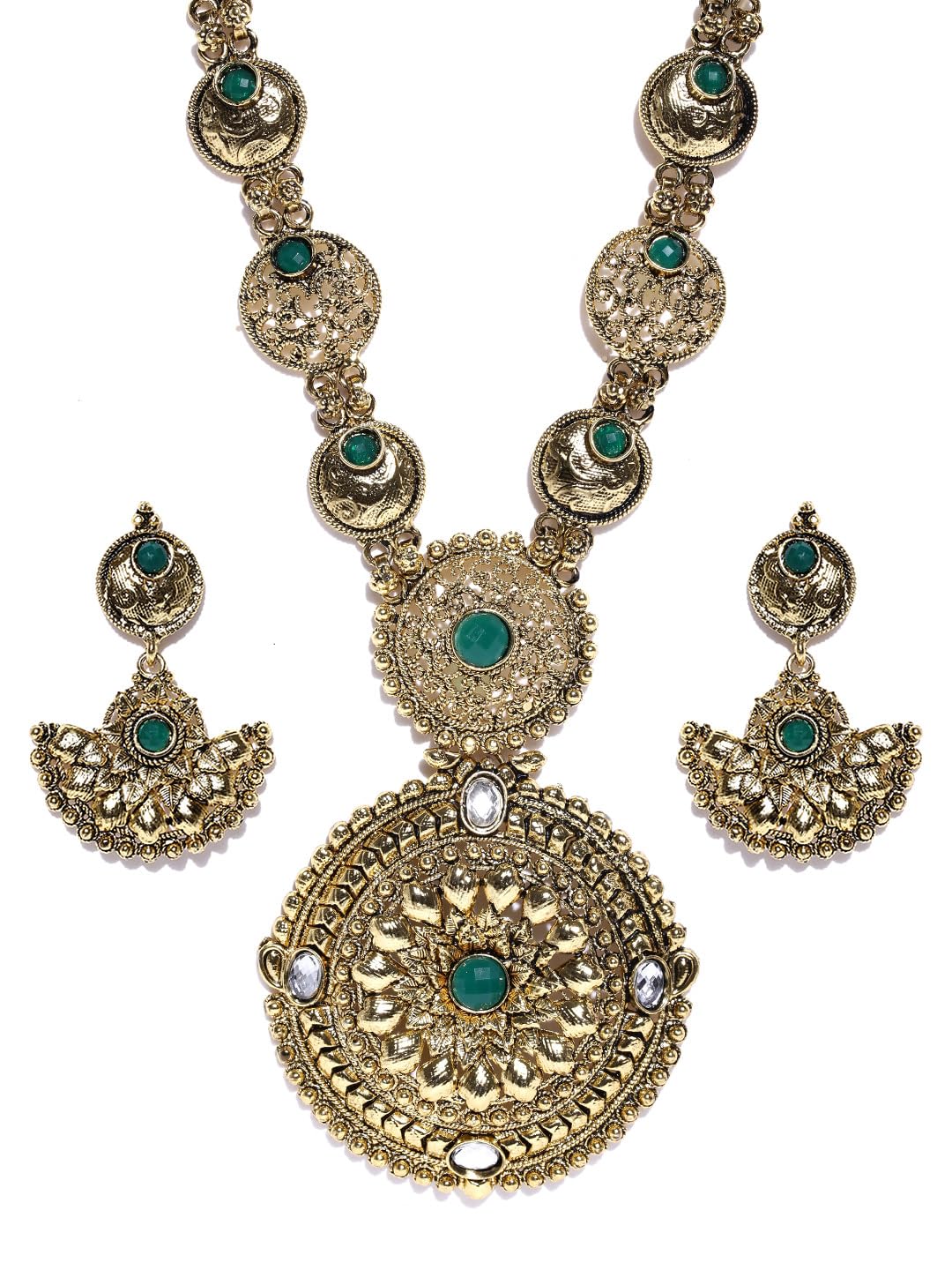 ZAVERI PEARLS Green Stones Antique Look Traditional Necklace & Earring Set For Women-ZPFK18498 (B0DBQ9K51Q) Amazon Price History, Amazon Price Tracker