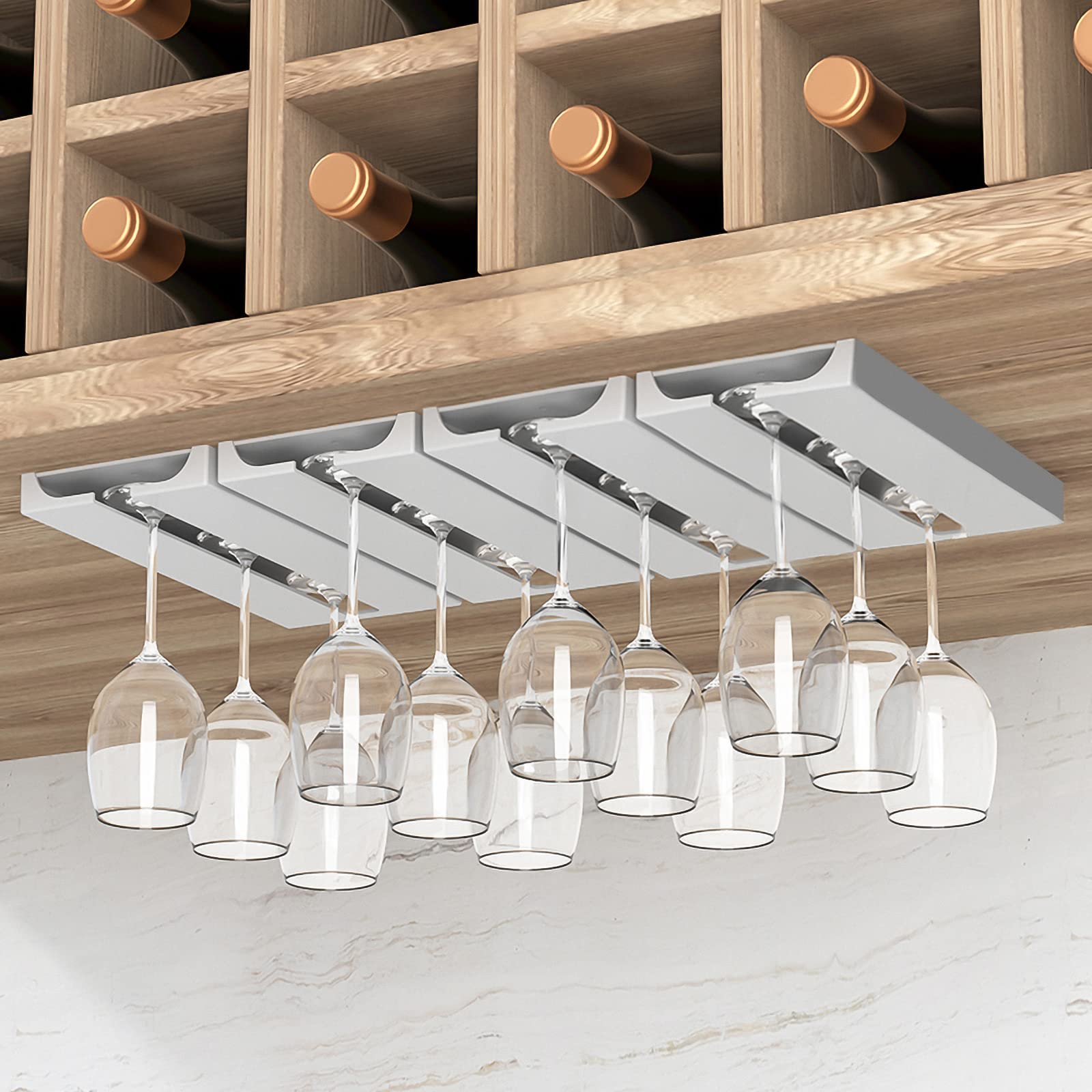 Vaisoeny White Wine Glass Rack， Wine Glass Holder Under Cabinet - Under Cabinet Stemware Wine Glass Holder Glasses Storage Hanger Plastic Organizer For Bar Punch-Free Self-Adhesive 4Pack（White）