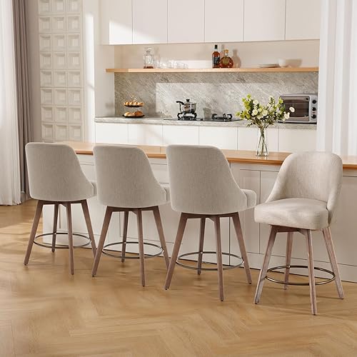 Counter Height Bar Stools Set of 4, Modern Mid-Century Swivel Barstools with Backs and Wood Legs, Linen Fabric Upholstered Bar Chairs, 26" Seat Height Counter Stools for Kitchen Island, Sand