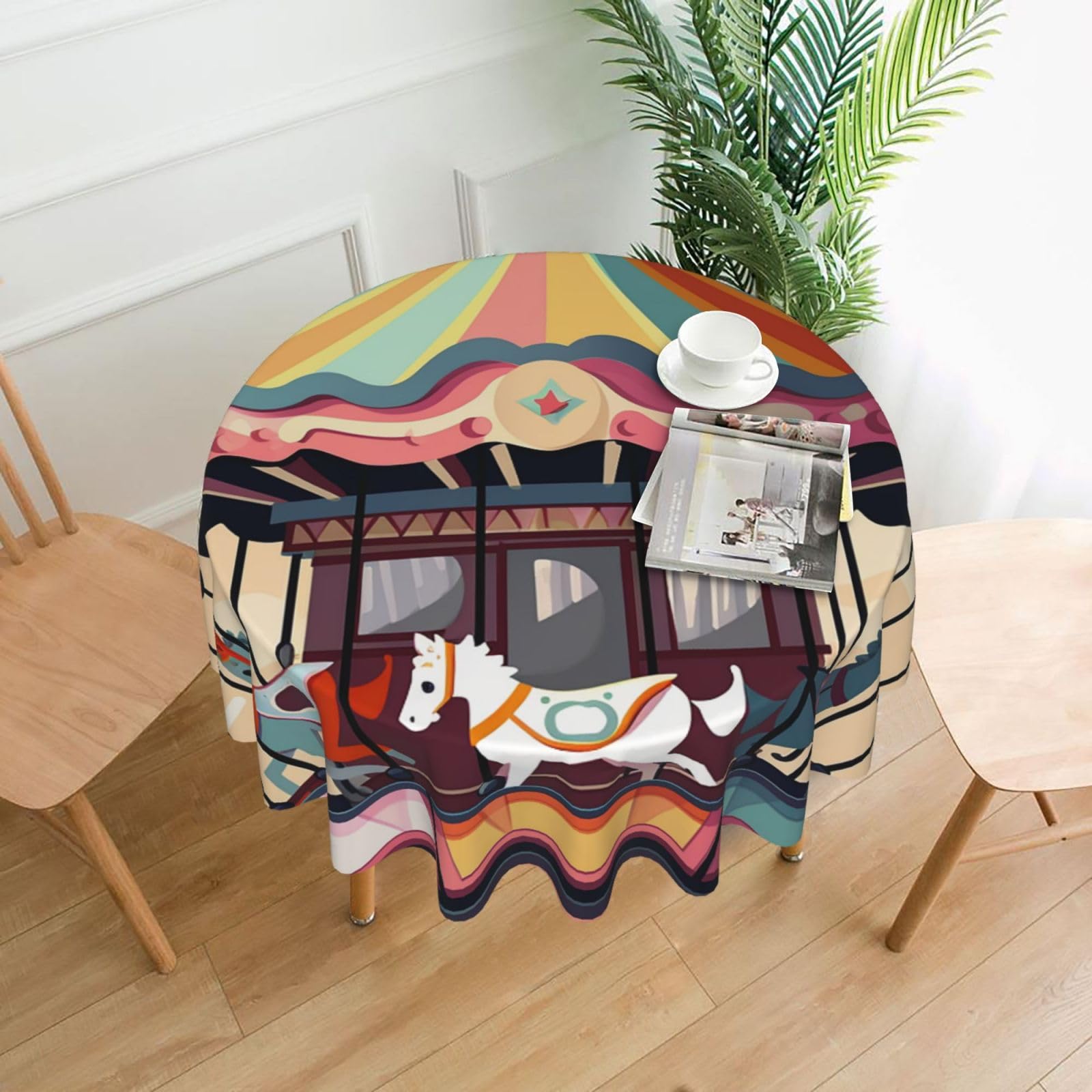 FodPand Carousel Tablecloths for Round Tables 60 Inch - Reusable Washable Dining Table Clothes - Stain and Wrinkle Resistant Decorative Fabric Table Cover for Wedding Party