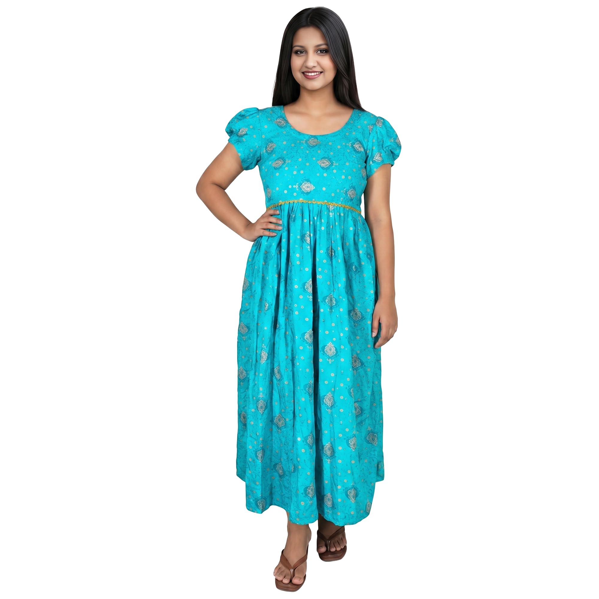 Feeding Frock for Women, Teal Blue, Ethnic Print, Puff Sleeve, Maxi Dress with Belt, XS - 3XL-image-25