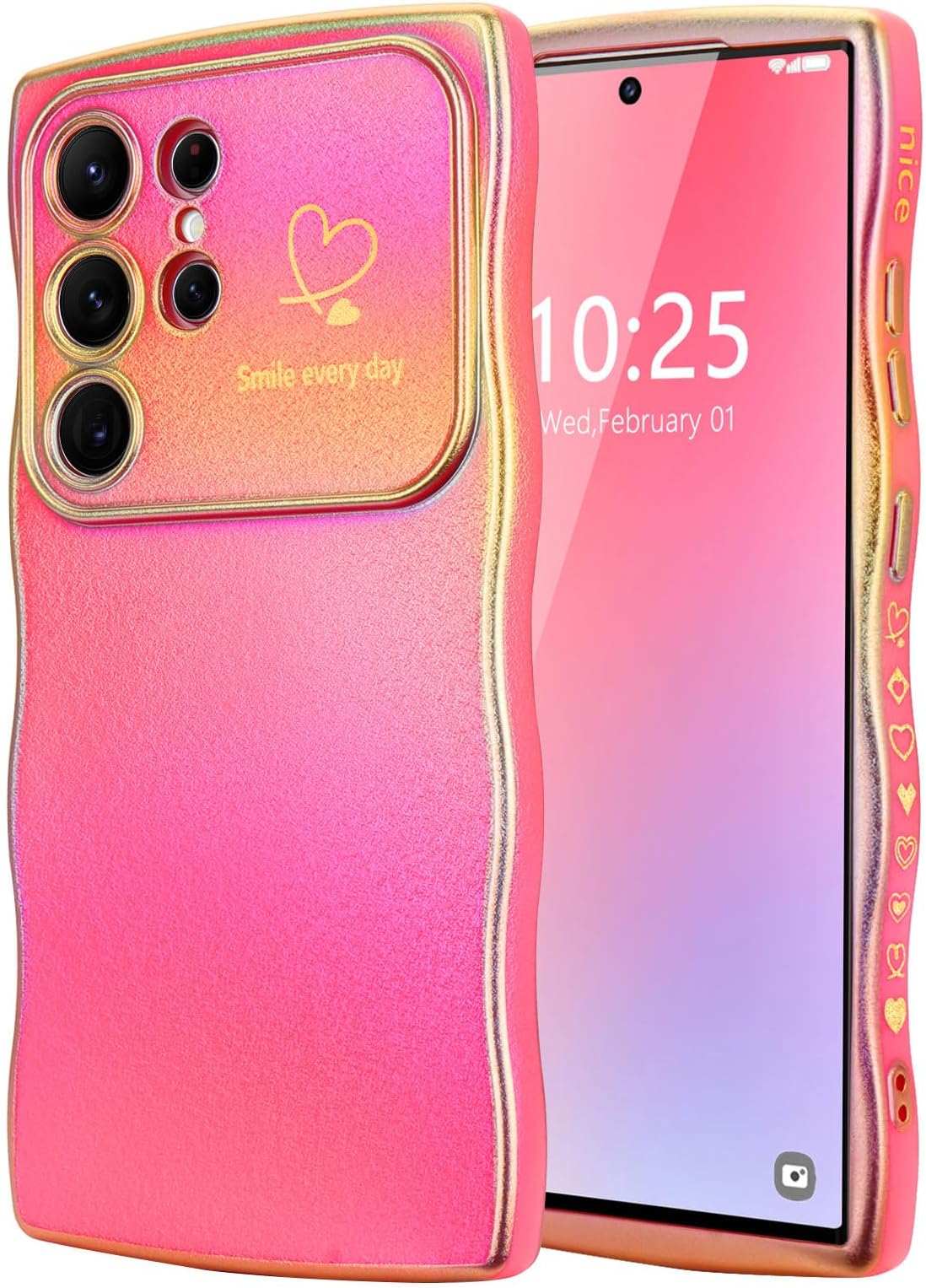 LCHULLE for Samsung Galaxy S24 Ultra Case,Cute Wave Frame Curly Shape Love Heart Phone Case for Women Girls,Luxury Plating Shockproof Protection Cover for Samsung S24 Ultra,Colourful Hot Pink