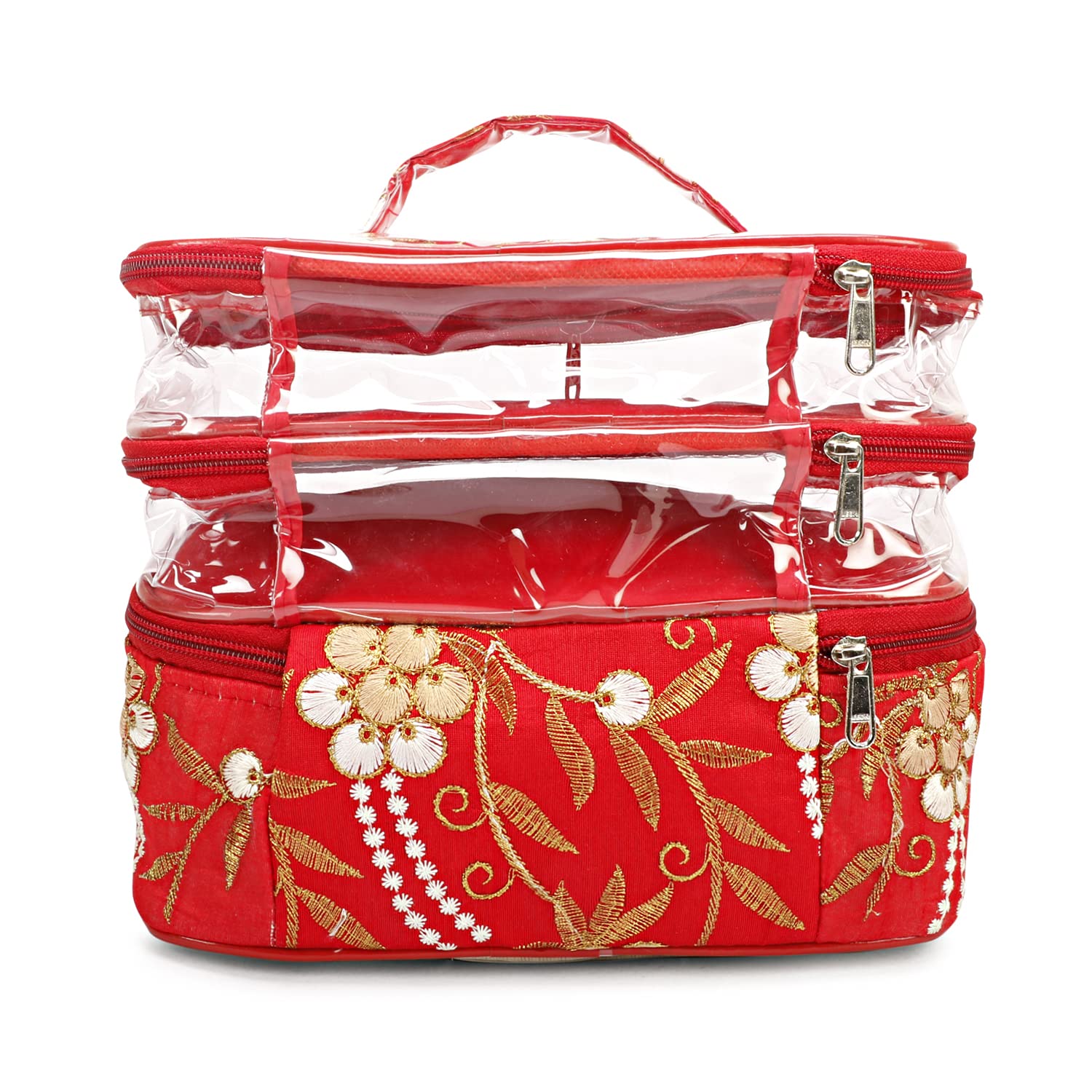 LONGING TO BUYWomen's Cotton Silk 3 Compartments Jewellery Storage Kit Makeup Organizer Cosmetic Case Household Grooming Kit Storage Travel Kit Pack with Hook (Red)