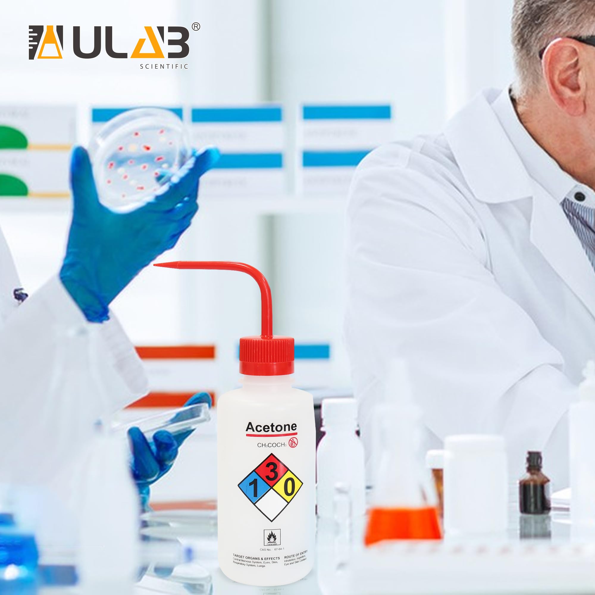 ULAB Scientific UWB1001 - Juego de botellas de lavado de seguridad (acetona, alcohol etílico, metanol, isopropanol, agua destilada, hipocloruro de sodio, 500 ml, con tubo de drenaje)