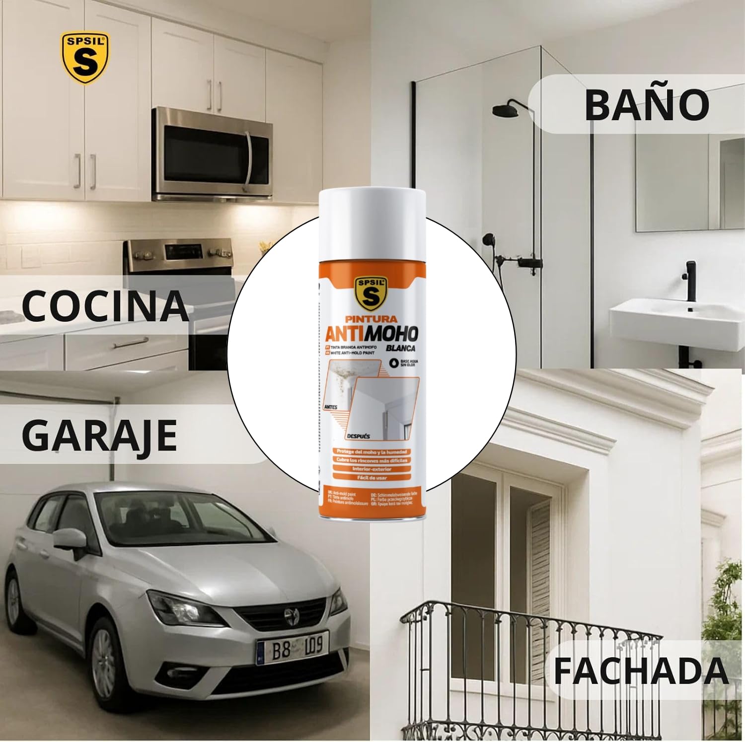 SPSIL Spray Antimoho Pintura Antihumedad Interior y Antimoho en Spray 400ml X 2- Acrílica Blanca de Alta Opacidad, Base Agua Sin Olor - Para Paredes, Techos y Más