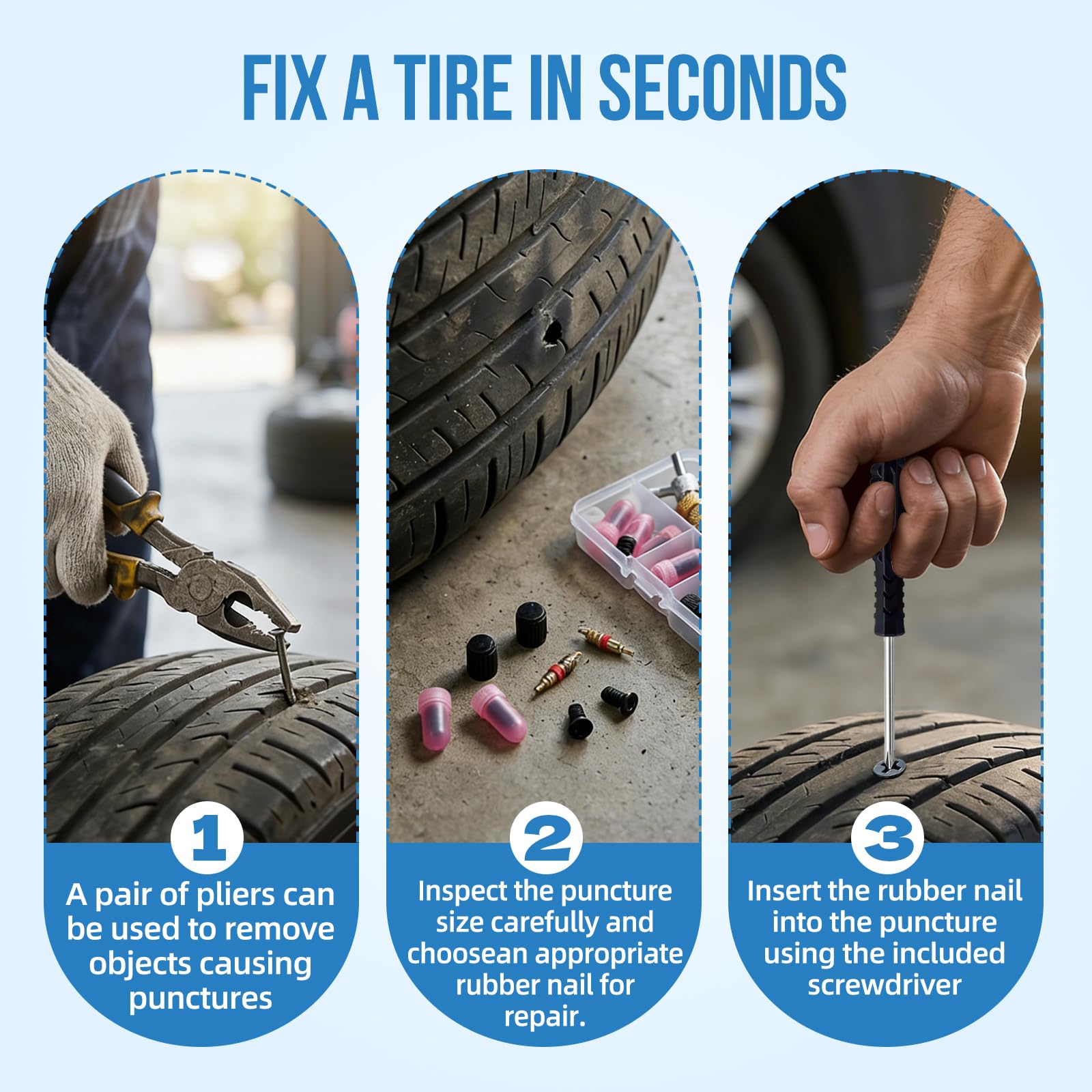 72Pcs Screw in Tire Plugs Kit Tire Repair Rubber Nail Kit Tire Repair Kit Tire Plugs Screw Type Flat Tire Screw Plugs Repair Kit Self Sealing Tire Repair Screws Quick Fix with Screw Tire Plugs Kit - 5