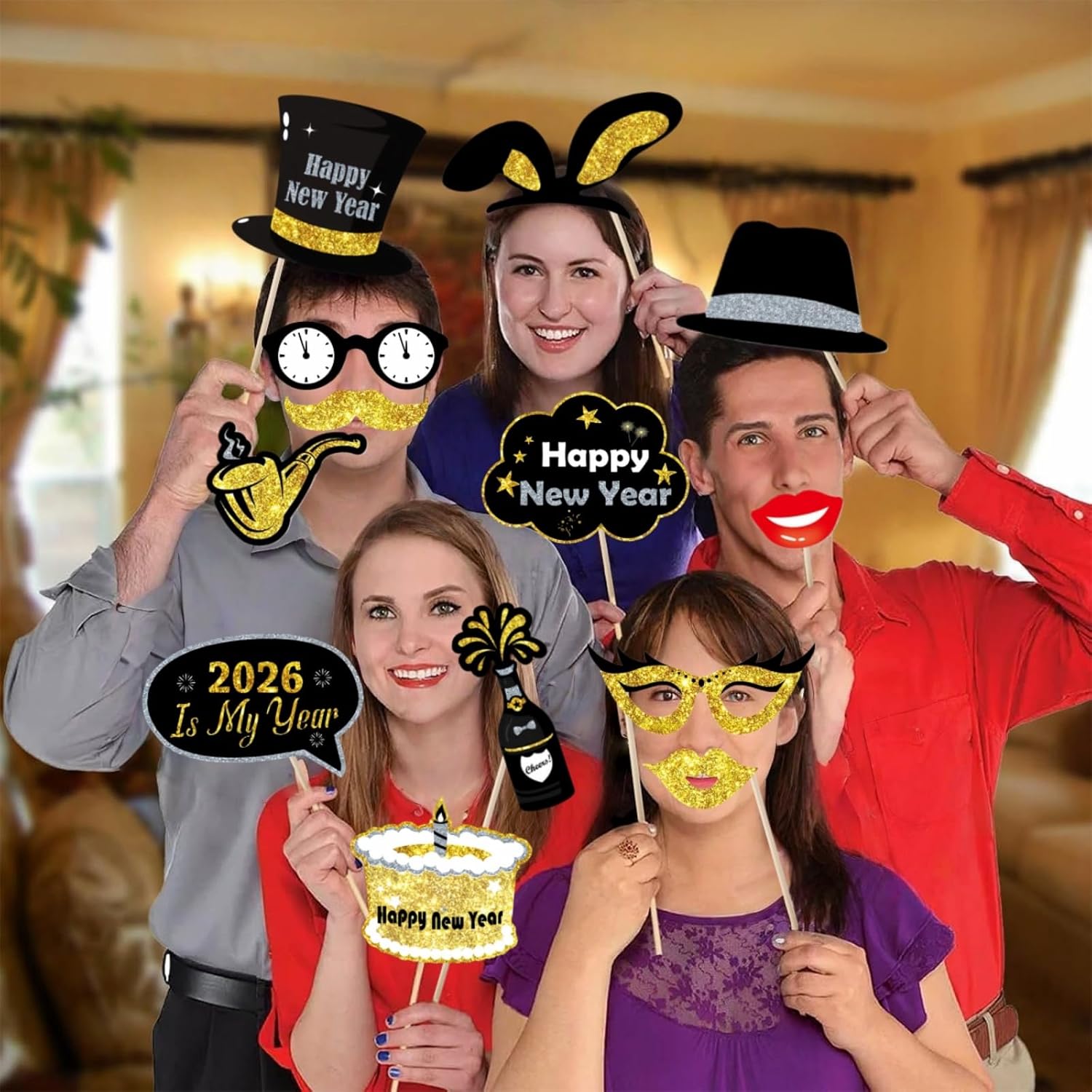 53 Pieces New Years Eve Photo Booth Props Glitter New Years Photo Booth Props 2026 Happy New Year Props for New Years Eve Party Supplies 2026 Happy New Year Decorations - Image 4