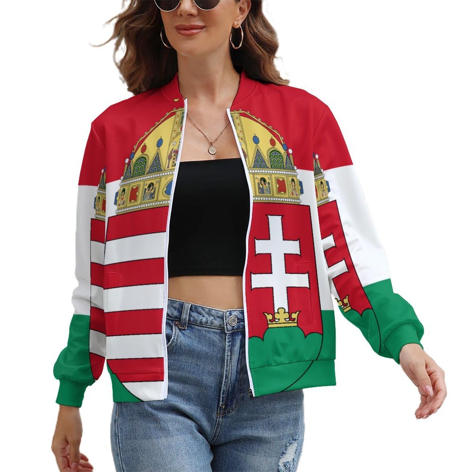 Hungarian Flag Hungary Emblem Casual Bomber Jackets for Women Sweatshirt Baseball Coat with Pockets