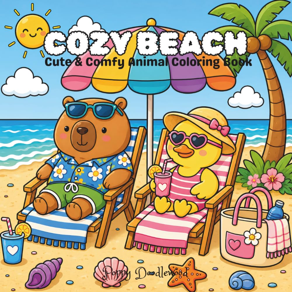 Cozy Beach: Cute & Comfy Animal Coloring Book: Relaxing Summer Seaside Scenes with Capybara and Duck for Adults, Teens, and Beach Lovers