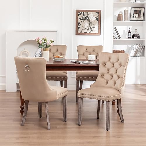 Miniatura 2 de Juego de 4 sillas de comedor de terciopelo, sillas de comedor tapizadas con ribete de anillo y botón trasero, asientos modernos para cocina,