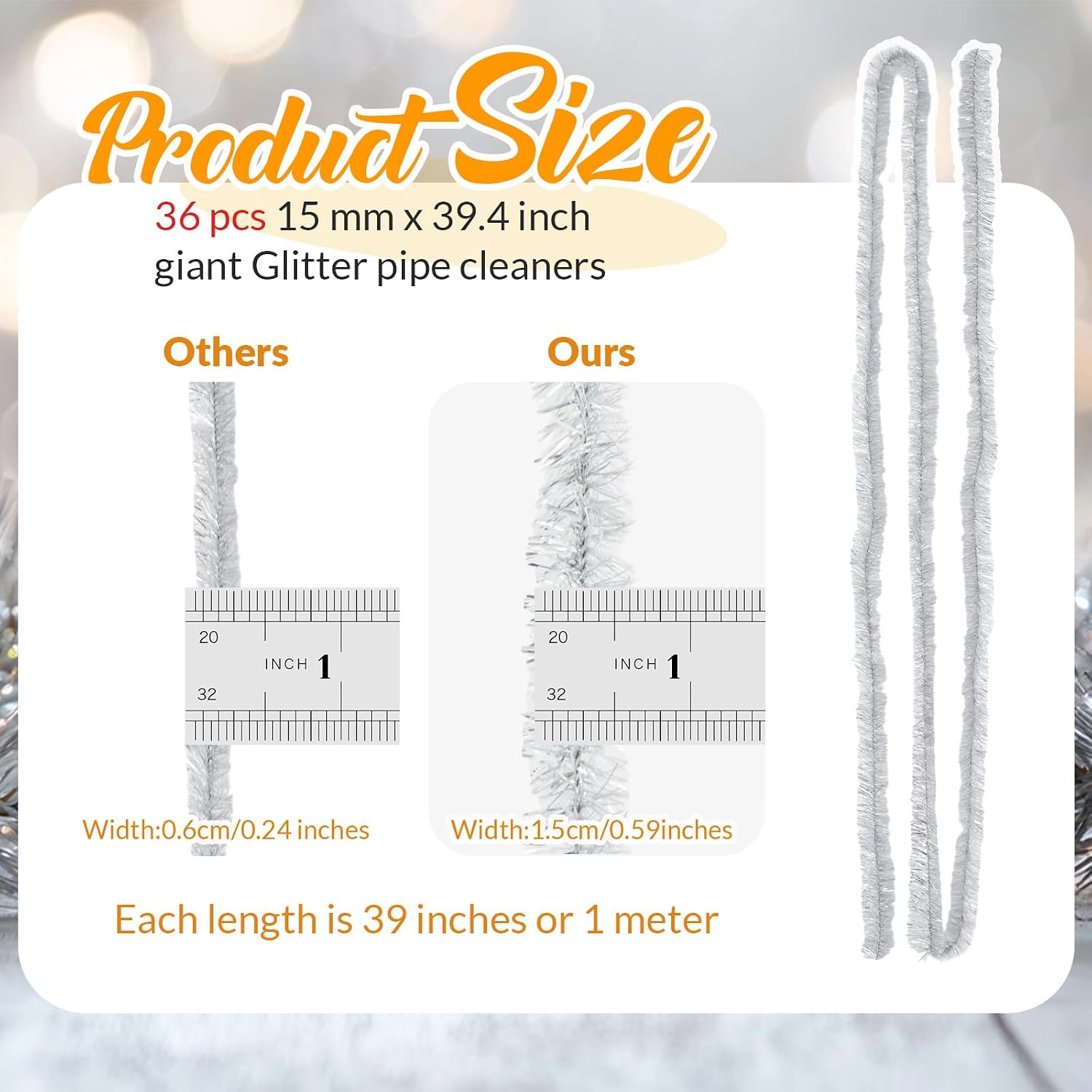Seenelling 36 Pcs 40 Inch Valentines Day Large Pipe Cleaners 15mm Wide Glitter Craft Pipe Cleaners Bulk Fuzzy Sticks for Holiday DIY Art and Craft Projects Home Decoration(Silver)
