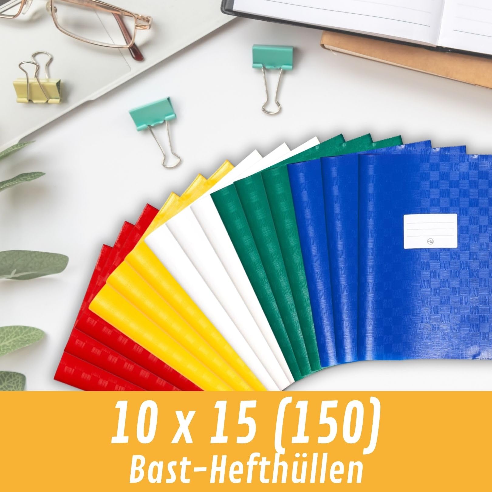 perfect line - 150 copertine in rafia DIN A4, 5 colori, copertina per quaderni con etichetta, copertina per quaderni in polipropilene riciclabile, resistente ai documenti (10 set da 15 pezzi)