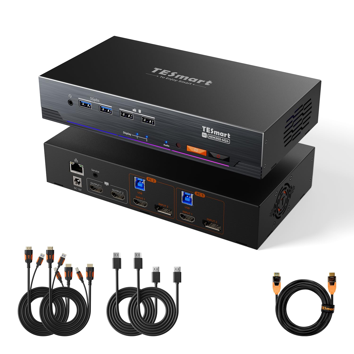 TESmart Pack KVM HDMI+DP 8K@60Hz 2 PC 2 Moniteurs + Câble HDMI 2.1 Fibre Optique 10 m, 48 Gbit/s, 4K@144Hz, USB 3.0, EDID, Réseau Gigabit, HDCP 2.3
