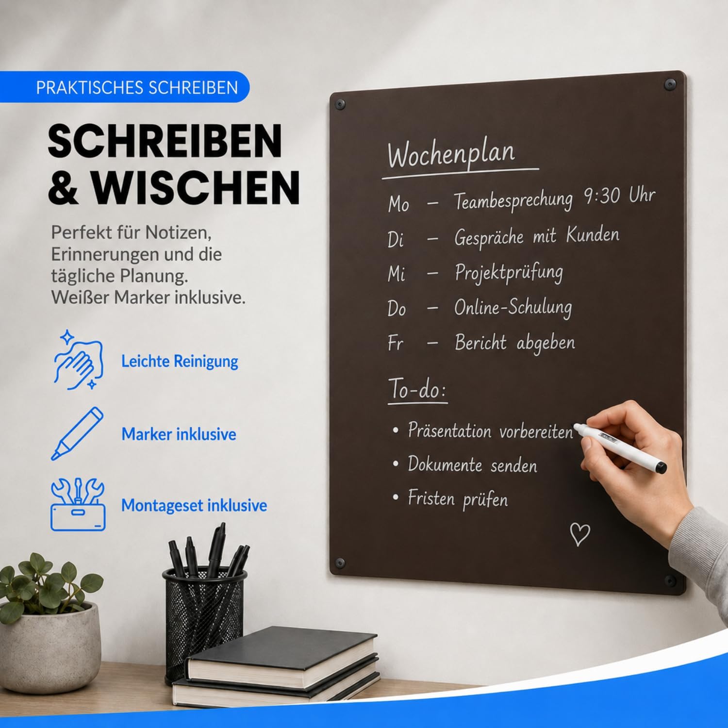 Magnettafel Wandtafel aus Stahl 60 x 44 beschreibbar mit Marker (braun)
