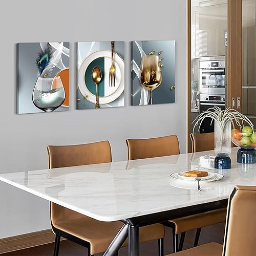 Miniatura 4 de AIYISU 3 piezas de arte de pared de cocina con copas de vino para decoración de pared del comedor Cuadros de copas de vino en teja, gris y oro