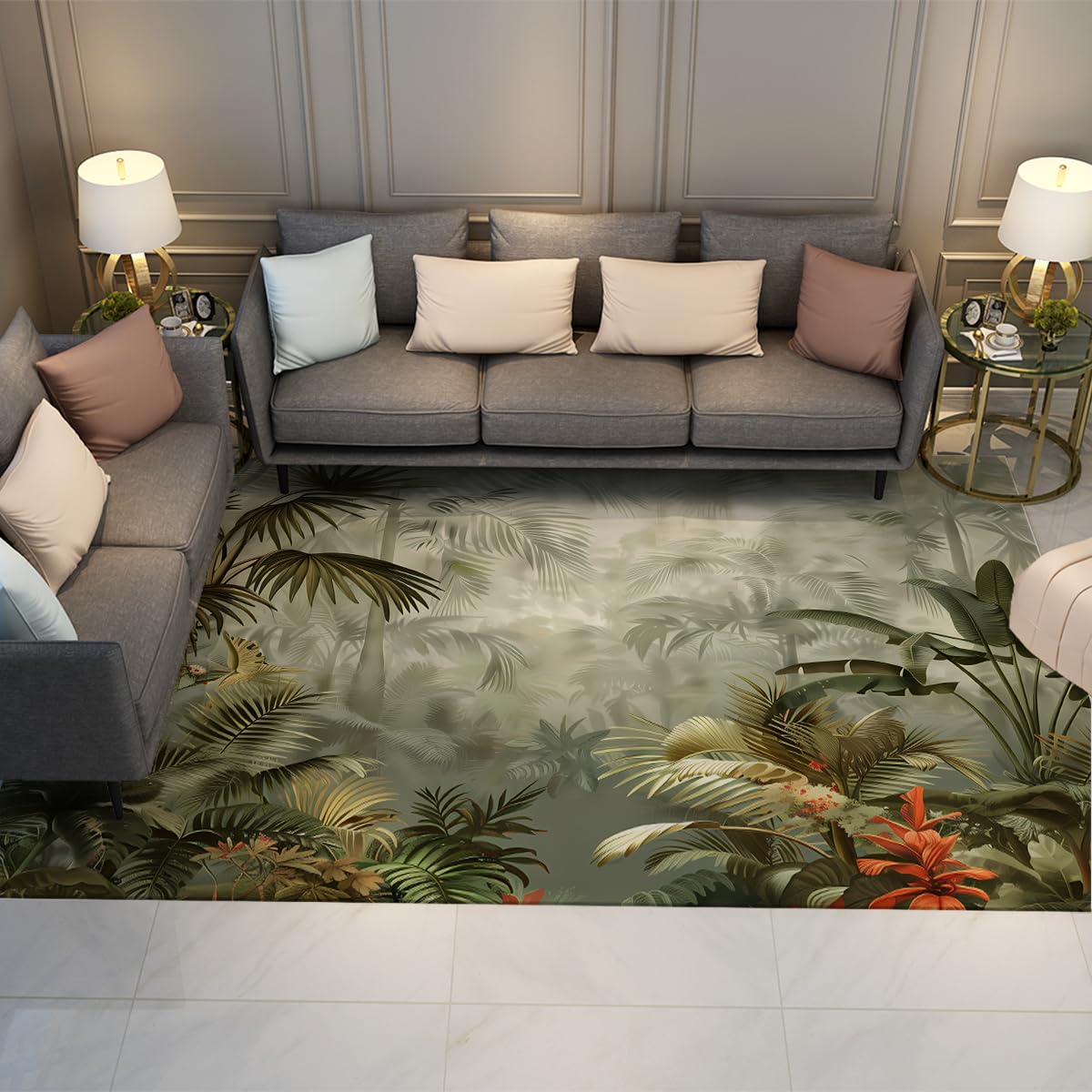 Tapis salon jungle vert 90x150 cm lavable et paillasson entrée décoration tropicale