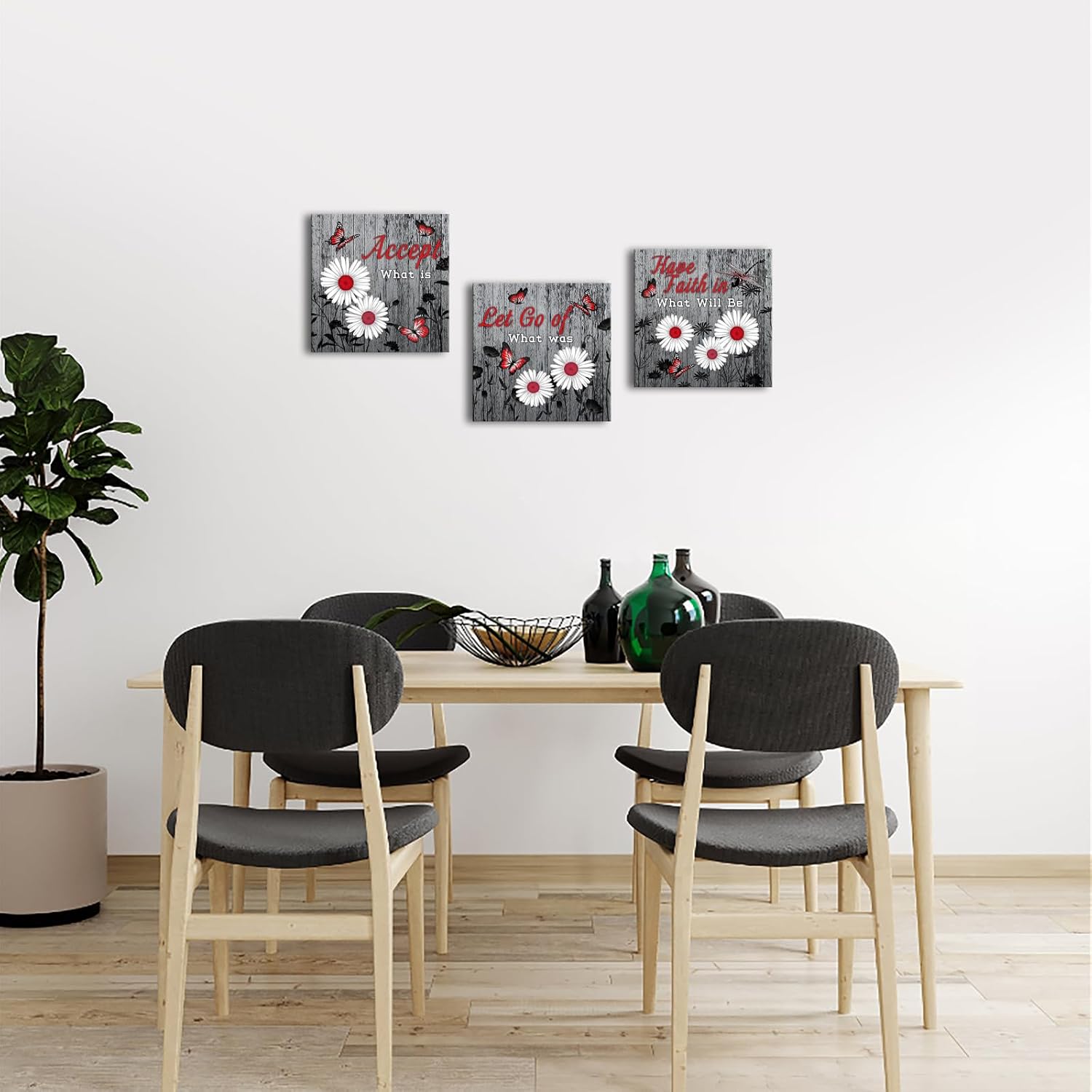 SkenoArt Flower Wall Art for Bedroom Grey and Red Butterfly Canvas Paintings Daisy Floral Quotes Inspirational Pictures Prints Home Farmhouse Bathroom Decor Ready to Hang 12x12inchx3pcs - Image 4