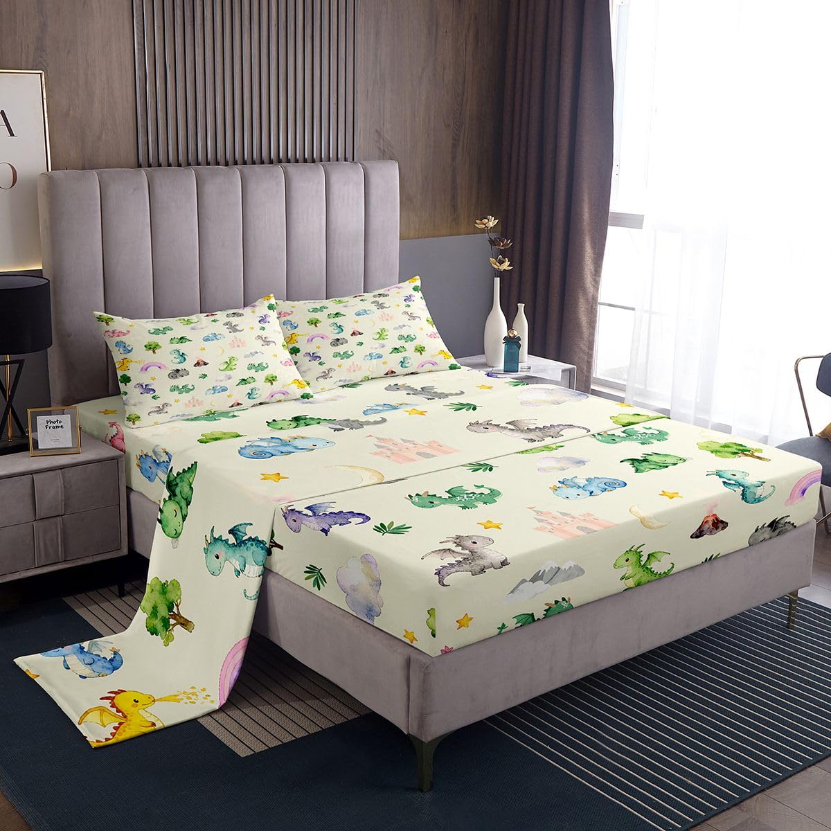 Kids Baby Dragon Bedding Full Size Animal 4 Pieces Sheet With 26 Inch Deep Pockets for Boys Girls Teens Bedroom Decor Cartoon Wildlife Bed Sheets Set Soft Microfiber Women Men Beige With 2 Pillow Case