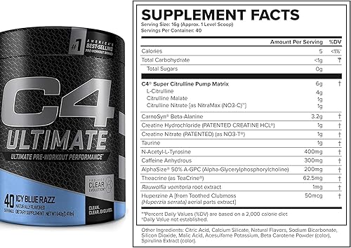 Miniatura 7 de C4 Ultimate - Polvo de pre-entrenamiento Arctic Snow Cone  Suplemento energético sin azúcar para hombres y mujeres  300 mg de cafeína  011oz de beta