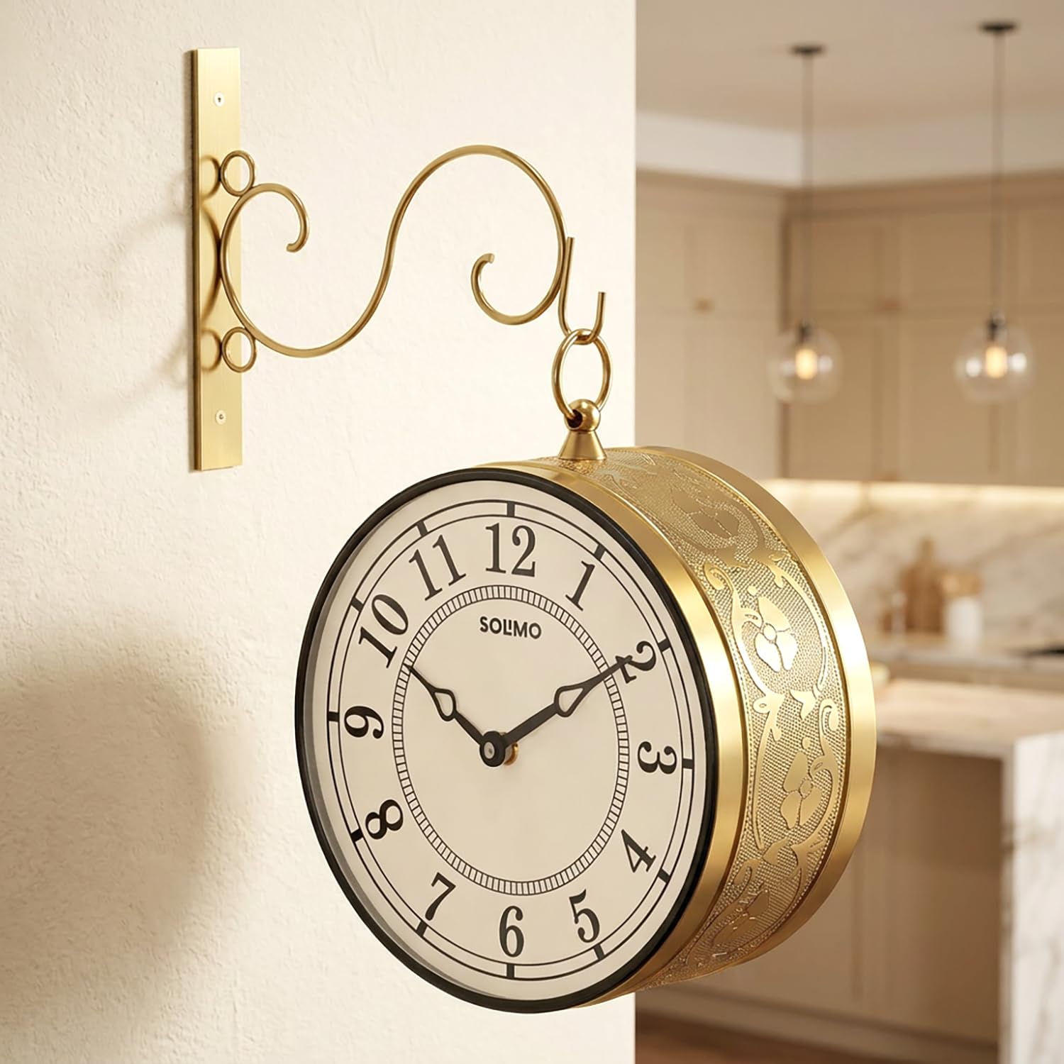 Amazon Brand - Solimo 8 Inch Vintage Station Analog Clock One Side Roman and Other Side Numeral Dial (Brass Finish) (Type-3)-image-2
