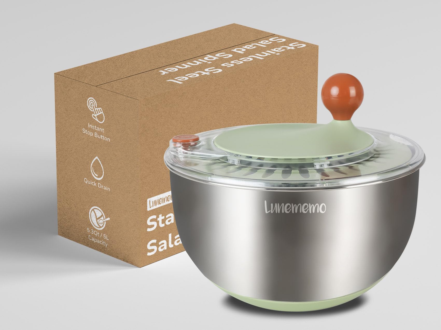 Lunememo 5L Essoreuse à Salade en Acier Inoxydable 18/10, Base Antidérapante, Bouton Stop, Utilisable en Saladier Inox, Sans BPA