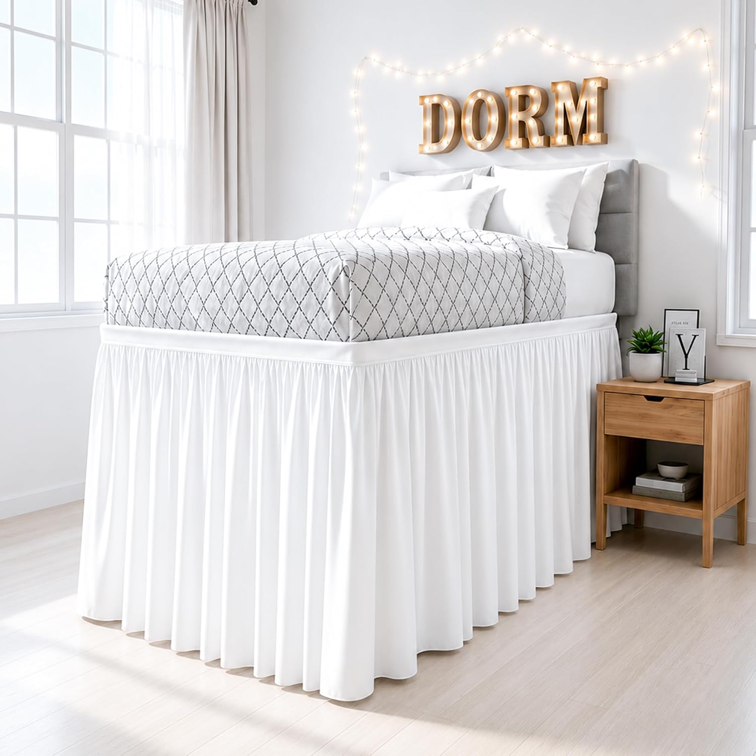 Shreem Linen Dorm Bed Skirt Twin XL 32 Inch Drop, 100% Microfiber Extra Long College Dorm Room Bed Skirts Dust Ruffle with Split Corners, White