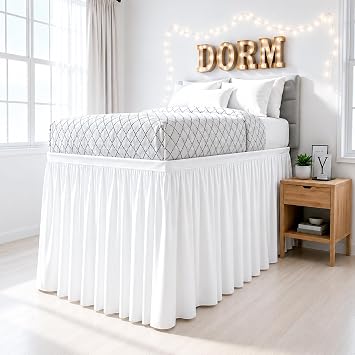 Shreem Linen Dorm Bed Skirt Twin XL 60 Inch Drop, 100% Microfiber Extra Long College Dorm Room Bedskirts Dust Ruffle with Split Corners, White