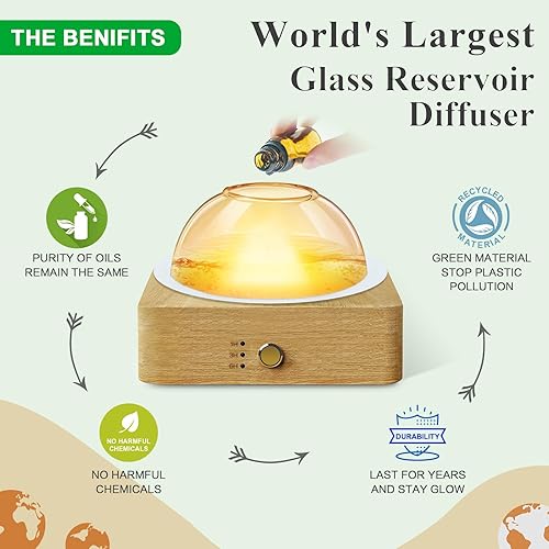 Miniatura 3 de Humidificador difusor de aceite esencial de vidrio, difusor ultrasónico de aroma de 6.8 fl oz con depósito de vidrio, base de madera, temporizador
