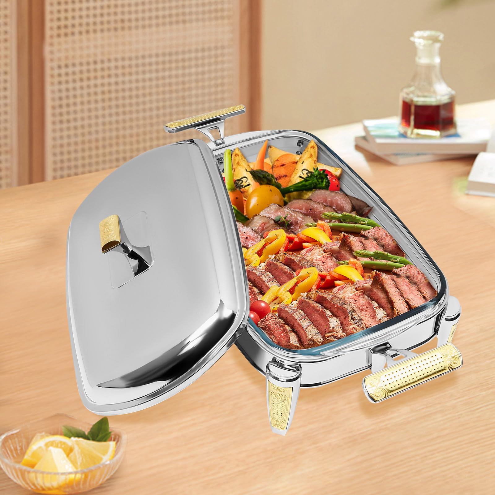 Serbatoio per alimenti in vetro da 2,2 l, con padelle, rettangolare, per pasti, chafing dish gastro con coperchio, per catering, buffet e feste, accessori per buffet, argento